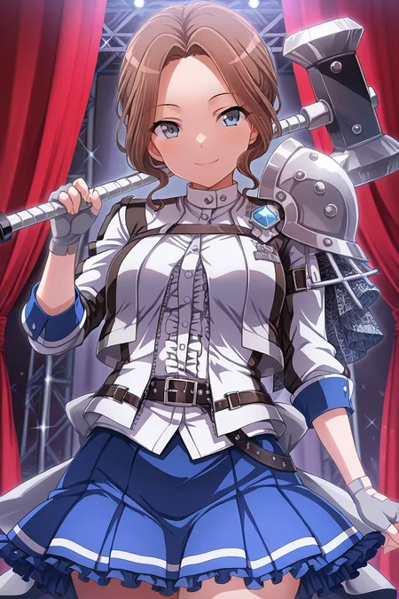 masterpiece, best quality, amazing quality,
<lora:Hisame_IL:1> hisame, 1girl, skirt, brown hair, blue skirt, solo, blue eyes, gloves, fingerless gloves, looking at viewer, grey gloves, smile, white gloves, shirt, white shirt, frills, pleated skirt, jacket, closed mouth, shoulder armor, belt, holding hammer, stage outfit, red curtains