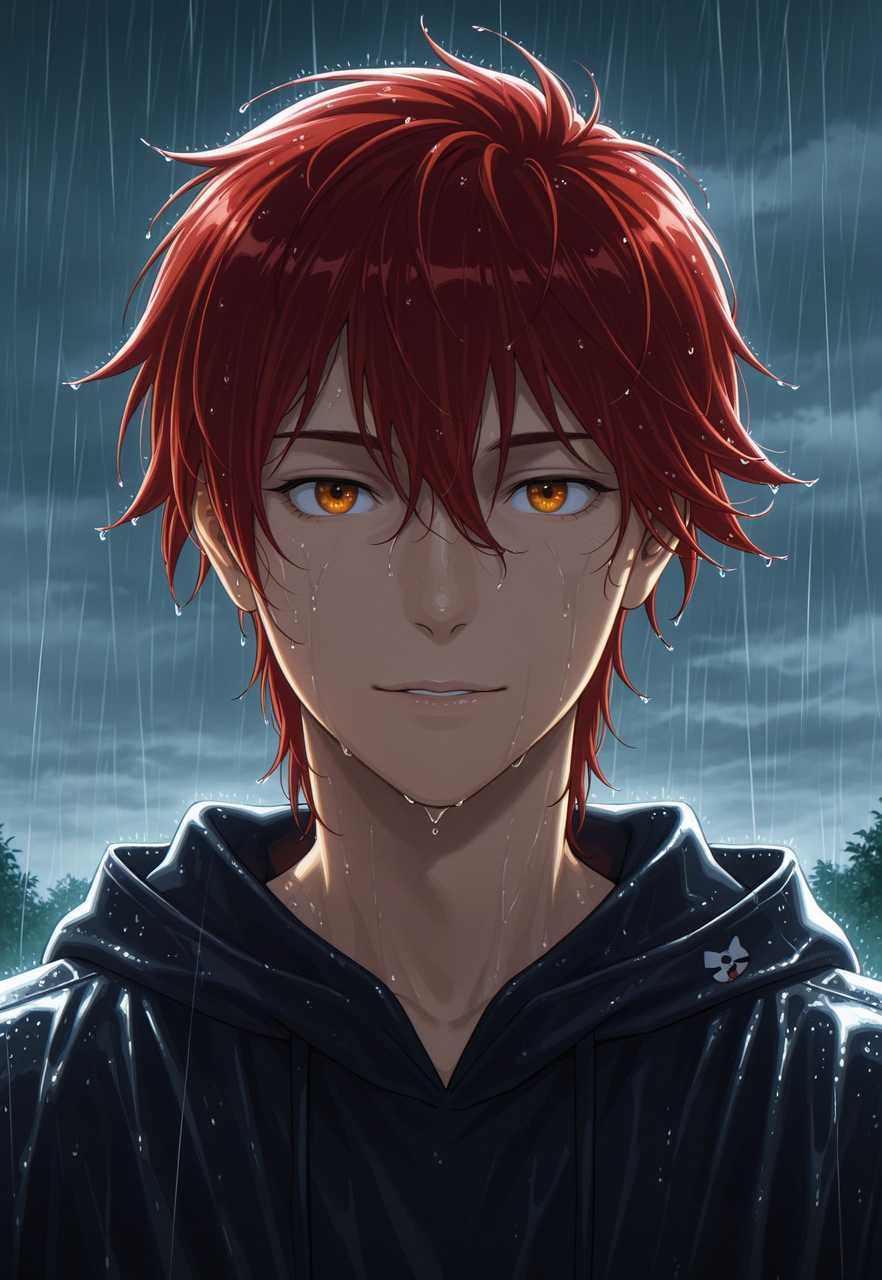 detailed details, shaded, detailed shading, detailed skin, shaded skin, realistic shading, countershading:1.1, outdoors, Reki Kyan, amber eyes, red hair, gentle, rain, wet hair, wet, looking at viewer