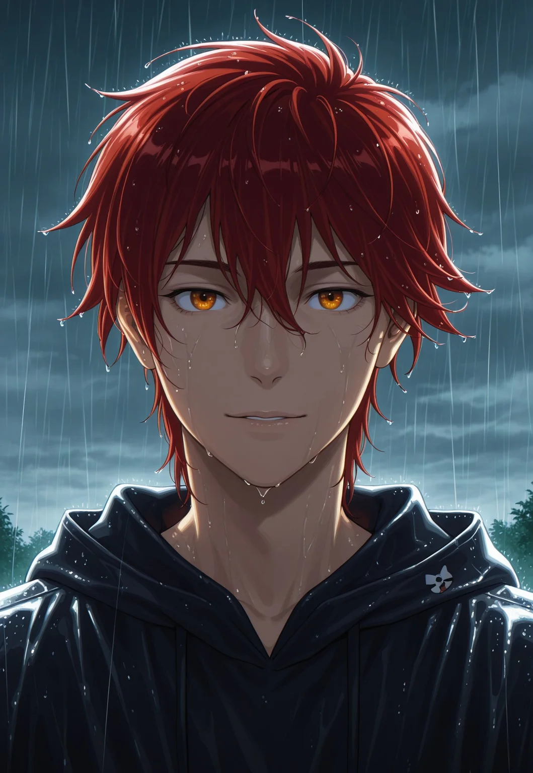 detailed details, shaded, detailed shading, detailed skin, shaded skin, realistic shading, countershading:1.1, outdoors, Reki Kyan, amber eyes, red hair, gentle, rain, wet hair, wet, looking at viewer