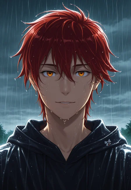 detailed details, shaded, detailed shading, detailed skin, shaded skin, realistic shading, countershading:1.1, outdoors, Reki Kyan, amber eyes, red hair, gentle, rain, wet hair, wet, looking at viewer