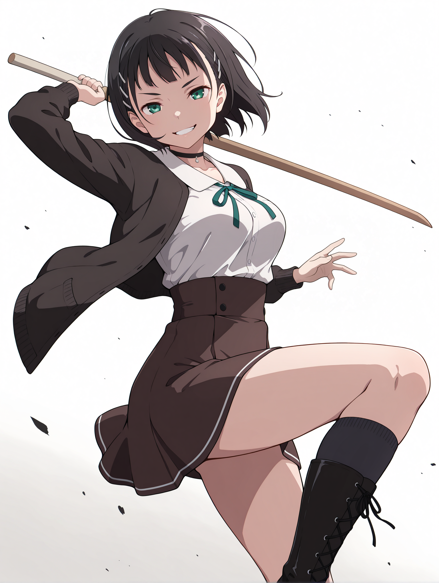masterpiece,best quality,newest,1girl,solo,
<lora:p_suguha_v1.0:1>,p_sugu,
blouse,cardigan,choker,high-waist_skirt,kneehighs,lace-up_boots,
<lora:Fixhands_anime_bdsqlsz_V1:1>,dynamic_angle,cinematic_angle,white background,simple_background,wooden sword,looking_at_viewer,grin,smirk,fighting_stance,fighting,Swinging a wooden sword,