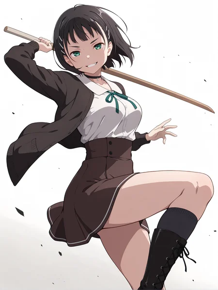 masterpiece,best quality,newest,1girl,solo,
<lora:p_suguha_v1.0:1>,p_sugu,
blouse,cardigan,choker,high-waist_skirt,kneehighs,lace-up_boots,
<lora:Fixhands_anime_bdsqlsz_V1:1>,dynamic_angle,cinematic_angle,white background,simple_background,wooden sword,looking_at_viewer,grin,smirk,fighting_stance,fighting,Swinging a wooden sword,