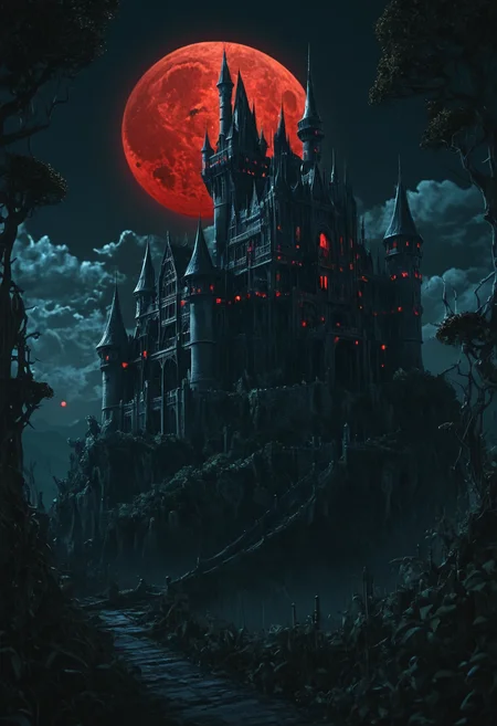 Visually rich anime concept art illustration of a extremely detailed ominous gothic castle at night in an overgrown and magical world, dark fantasy art, bioluminescent dark lighting, deep shadows, giant red moon in background, (complex and detailed environment with light outlines), (perfect composition golden ratio), ((masterpiece)), ((detailed)), ((beautiful)), ((realistic)), ((4k)), ((8k))
