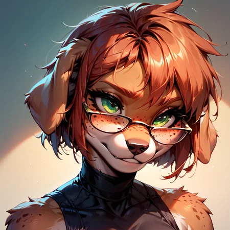 score_9, Score_8_up, Score_7_up, 6k, 8k, best quality, Furry, sexy girl, (Makoto), Dog furry, Brown fur, freckles, glasses, short hair, green eyes, <lora:Makoto_v01_PDXL:0.8>, anthro, , Sinozick Style, <lora:add-detail-xl:0.4> <lora:princess_xl_v2:0.4> <lora:Expressive_H:0.4> <lora:Sinozick_Style_XL_Pony:0.7> <lora:Zootopia:0.4>
