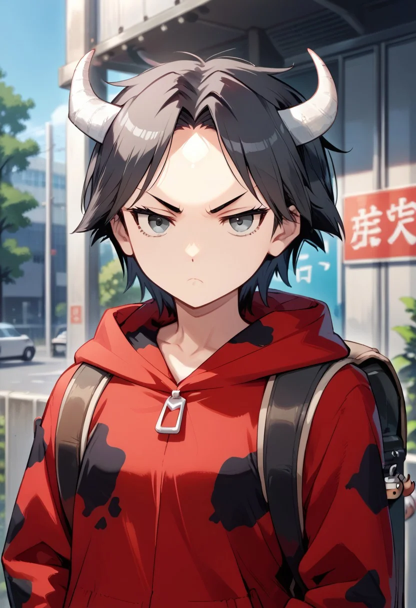 score_9, score_8_up, score_7_up, source_anime, Shaun Fenn,1girl,solo,looking at viewer,short hair,black hair,long sleeves,closed mouth,jacket,upper body,outdoors,horns,day,hood,bag,black eyes,parted bangs,grey eyes,frown,backpack,hood down,animal print,red jacket,hands in pockets, red cow print,