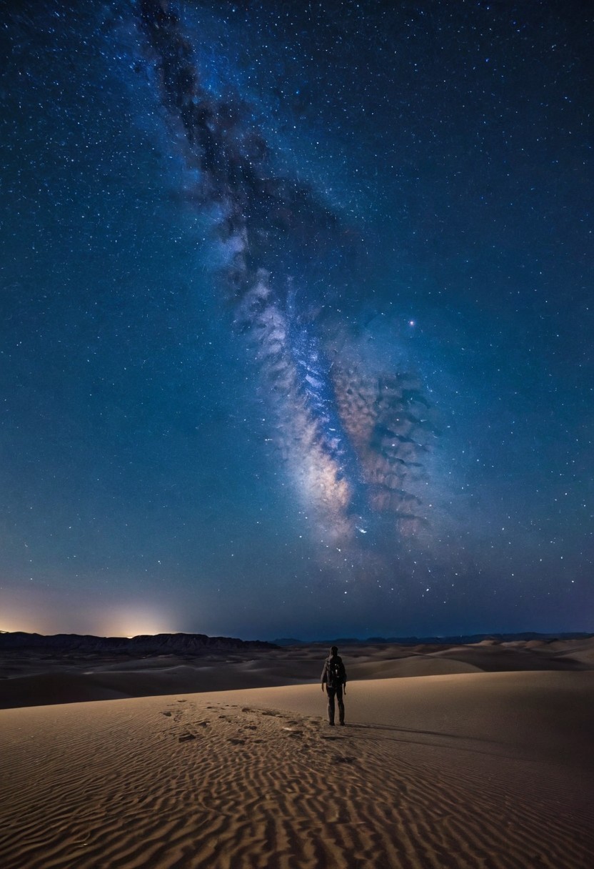 Photograph a vast, barren desert under a star-studded sky, with a lone traveler silhouetted against the horizon. Use a Fujifilm GFX 100 with a GF 32-64mm f/4 R LM WR lens to capture the immense scale and solitude of the landscape. Emphasize the deep blues and purples of the night sky, and the golden sands illuminated by the moonlight, creating a timeless, cinematic feel.