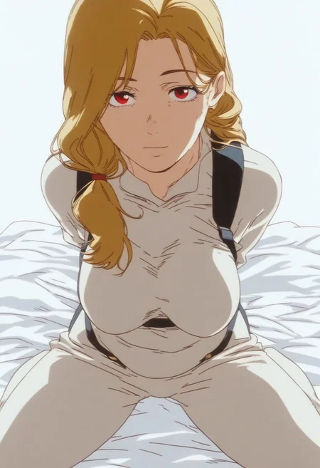 flatshinyskin, score_9, score_8_up, score_7_up , trisha elric, MILF, Plumb, Middle aged women, wrinkle line under eye
(prBl, 1girl, solo, long hair, side ponytail, blonde whitish hair, red eyes)) , MANGASTYLE,Sitting, on knees, seductive pose, breasts, solo, 1girl, looking at viewer, Top angle, High angle, front view, kneeling, spread legs, saggy off centered teardrop breasts, body suit, yellow body suit, skin tight body suit, facing viewer, hands behind back, kneeling down, black bra, bra straps