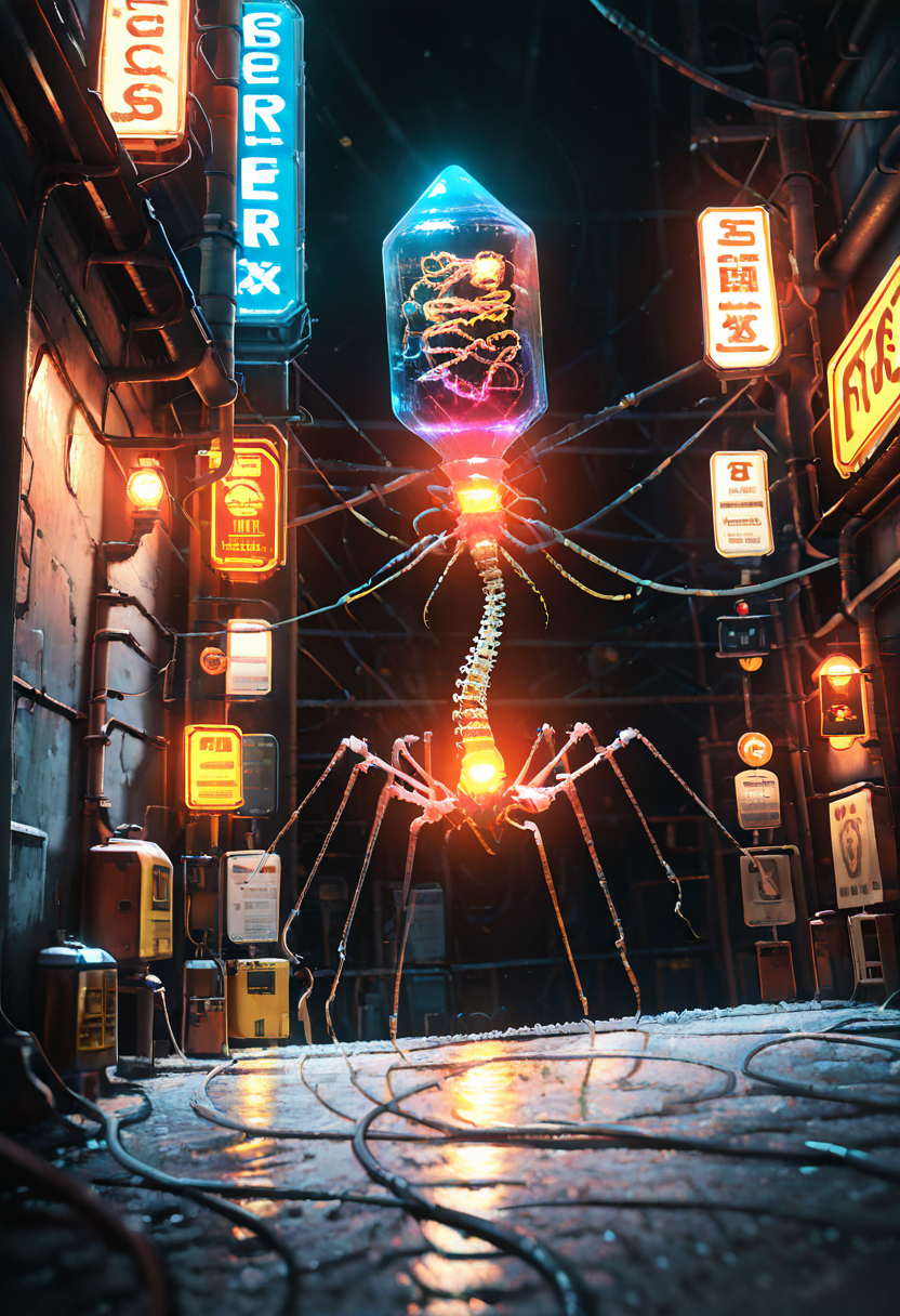 masterpiece, best quality, no humans,   B4cterio, outdoors, depth of field, glowing, scenery, sign, cable, wire, industrial pipe,  ,<lora:BacteriophageIXL_v1:1.0>,