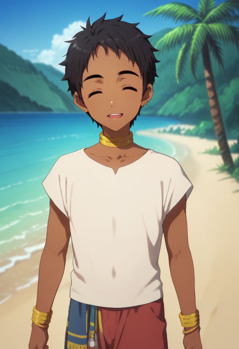 score_9, score_8_up, score_7_up, source_anime, highly detailed, 
prince_tama, solo, dark skin, 1boy, jewelry, male focus, black hair, bracelet, dark-skinned male, upper body, anklet, smile, closed eyes, looking at viewer, shorts, shirt, red shorts, smile, open mouth.
outdoor, beach, ocean, palms
