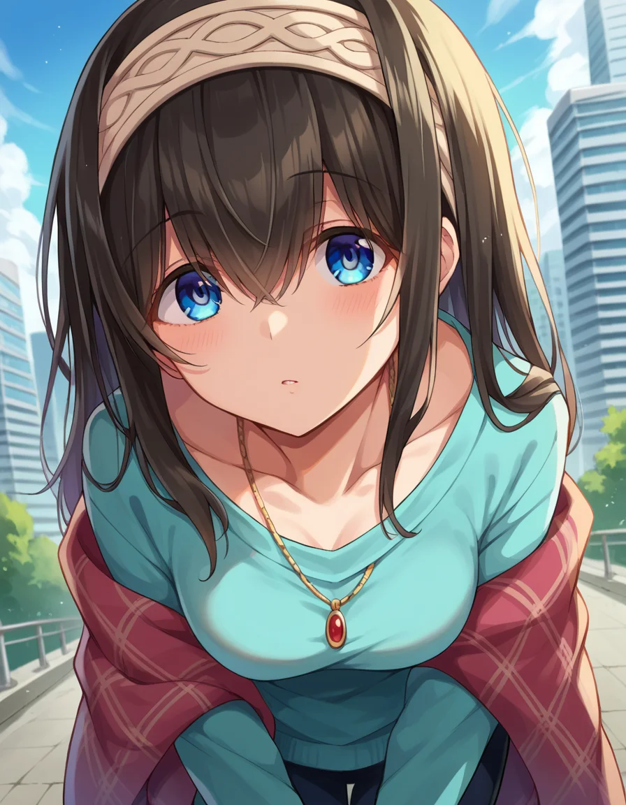 score_9, score_8_up, score_7_up, source_anime,
fumikasagisawa, <lora:fumika-sagisawa-ponyxl-lora-nochekaiser:1>,
fumika sagisawa, blue eyes, black hair, hairband, long hair, hair over eyes,
blue sweater, collarbone, jewelry, necklace, shawl, sweater,
outdoors, cityscape, bent over,
looking at viewer, dutch angle, cowboy shot,