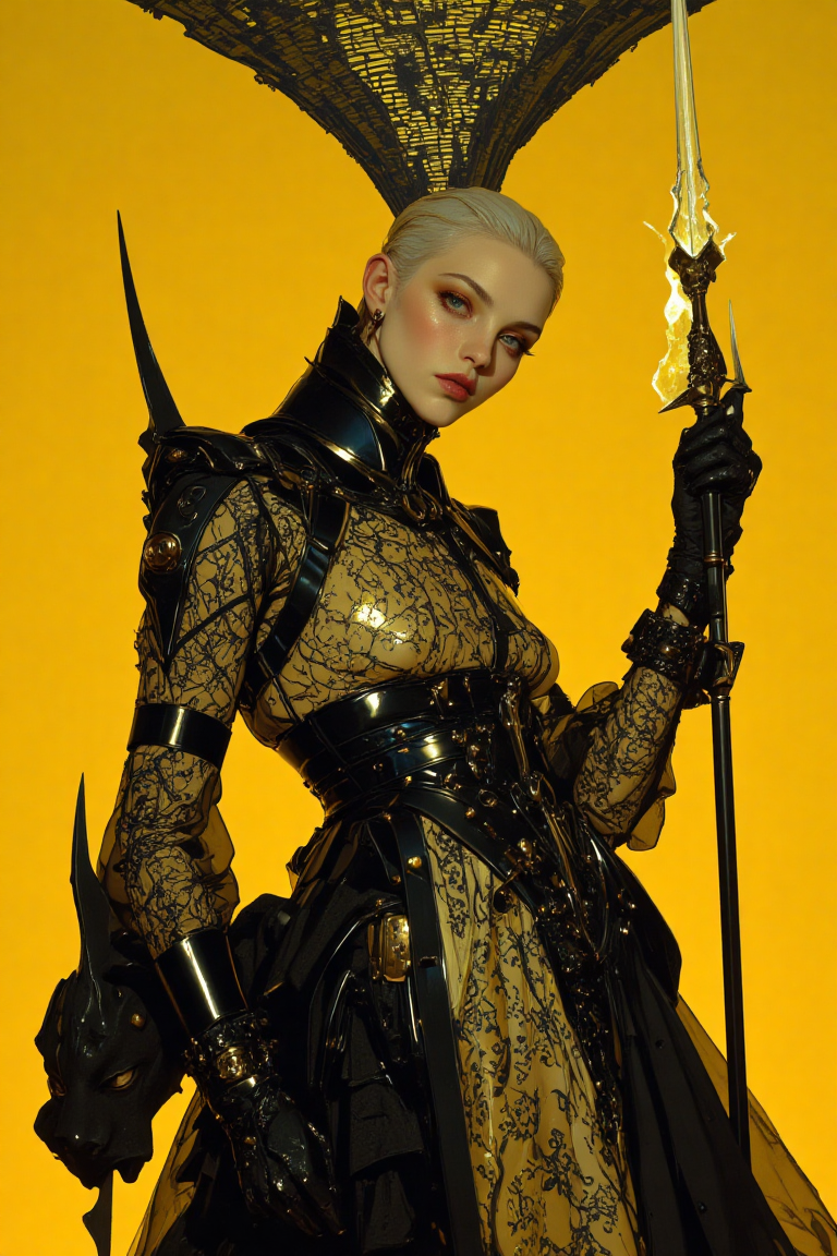 This high-resolution photograph features a striking woman posing against a bold, vibrant yellow background. Near the top, an optical illusion consists of black and white lines arranged in a radiating fan-like pattern, drawing the viewer's eye upward. The lines alternate in thickness, converging toward a central focal point above her head, creating a hypnotic sense of depth and movement. The woman, with a slender, athletic build, wears a dramatic black ensemble—a structured, long-sleeved lace top with intricate embroidery and a high collar, paired with a semi-transparent, asymmetrical lace skirt adorned with sharp, sculptural black accents resembling layered armor. Her pale skin contrasts against the outfit, while her angular face, framed by slicked-back hair, is accentuated with bold makeup, featuring elongated dark eyeshadow and deep red lips, enhancing her fierce, gothic presence. In her hand, she holds a long, glowing rod emitting a soft, ethereal light, casting subtle highlights on her outfit. The glossy textures of the lace and sculptural elements catch the intense lighting, creating dynamic shadows that emphasize her commanding stance. The fusion of surreal design, high fashion, and striking color contrast makes this composition both bold and mesmerizing.