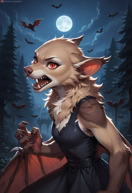 score_9, score_8_up, score_7_up,
source_furry, high quality, perfection, detailed, aesthetic, well-lighted,
1girl, solo, upper body, side view,
night, outdoors, mansion, forest,
furry female, semi-anthro, furred body, fluffy fur, beautiful eyes, perfect eyes, detailed eyes,
vampire, (bat:1.2), werebat, light-brown fur, fangs, sharp teeth, red eyes, (no hair, hairless, bald), claws,
black dress, sleeveless, torn clothes, wings,
anger, horror, growling, standing, dynamic pose, action pose, fighting stance,