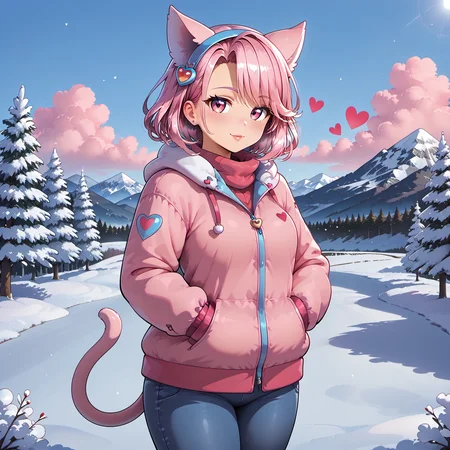 hart catgirl, winter coat, outdoors, snow, trees, mountains, standing, hart catgirl, pants <lora:hart_catgirl_05_resized:0.8>
