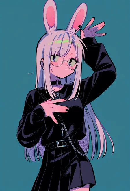 1girl,  aged up, silver hair, long hair,          
BREAK   1girl, rabbit pose, hand on own chest, skirt up show pantie,       
BREAK (goth, goth fashion),  round eyewear,            simple background,    
BREAK safe, ((menma \(enaic31\):1.05), (yoyokkun:0.8)), depth of field, masterpiece, best quality, very aesthetic, absurdres, highres, scenery, newest, <lora:ponyv5_noobV065S_1_adamW:0.7>, <lora:lora:0.4>, <lora:UNSTABLE_v0.7:0.5>