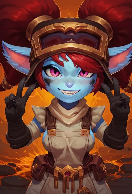 score_9, score_8_up, score_7_up, score_6_up, ultra quality, 1girl, BPoppy, Yordle, shortstack, blue skin, twin tails, red hair, pink eyes, blacksmith hat, goggles, work apron, breasts, upper body, v sign, smiling, looking at viewer, molten metal, 4k, hi res