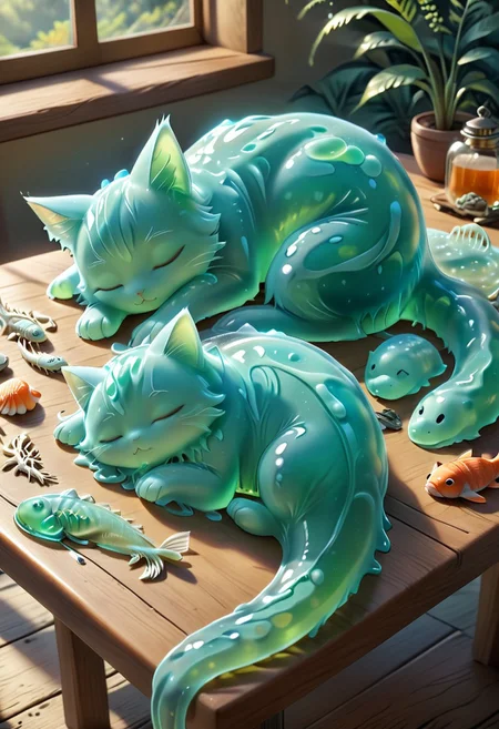 Sl1m3d, masterpiece, highest quality, cute, whimsical, Adorable green slime-morph-kitten, sleeping on a table, sunlight, paws, tail, cat ears, a couple of slimos sleeping next to each other, peaceful environment, cosy, closed eyes, very cute, fish skeleton next to each other