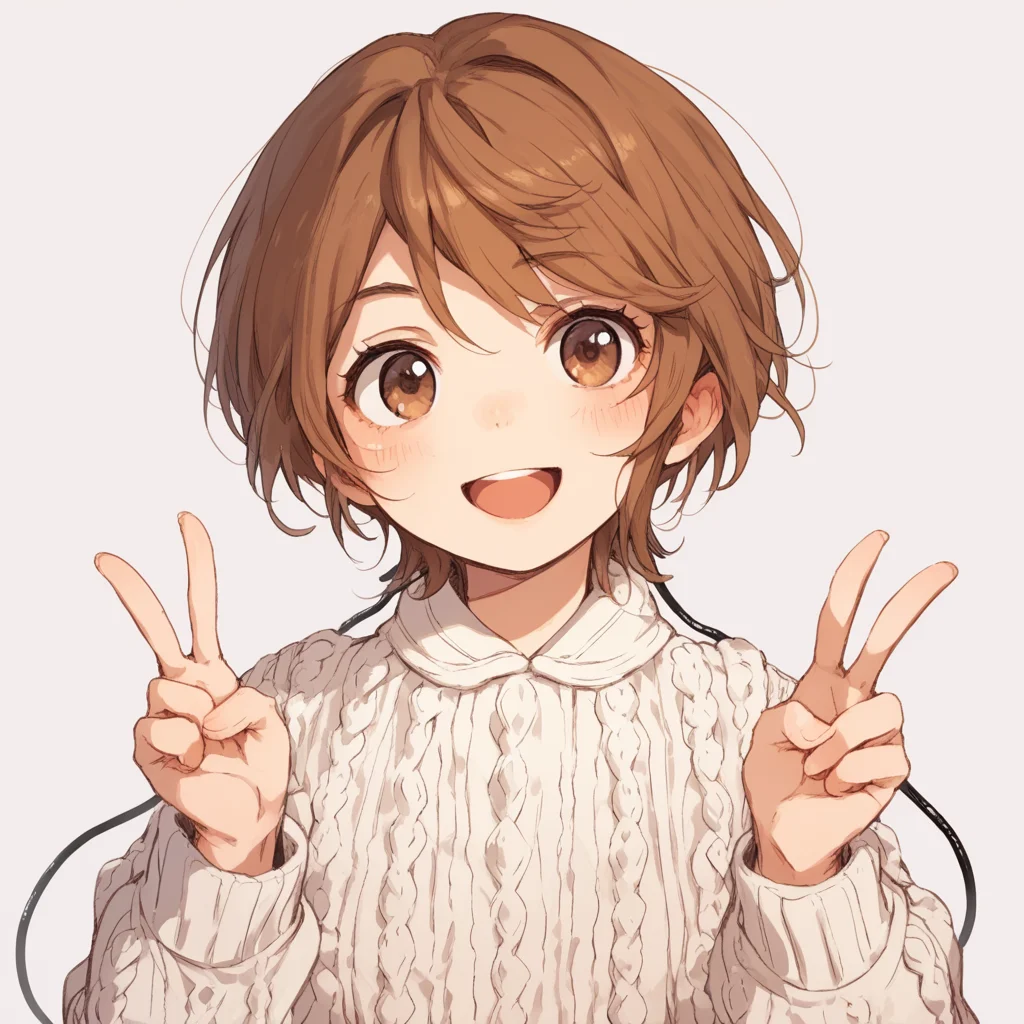 anime coloring, score_9, score_8_up, score_7_up, score_6_up, kinuhata saiai, toaru, 1girl, sweater, short hair, cable knit, brown hair, aran sweater, blush, open mouth, solo focus, smile, long hair, brown eyes, portrait, upper body, white sweater, double v