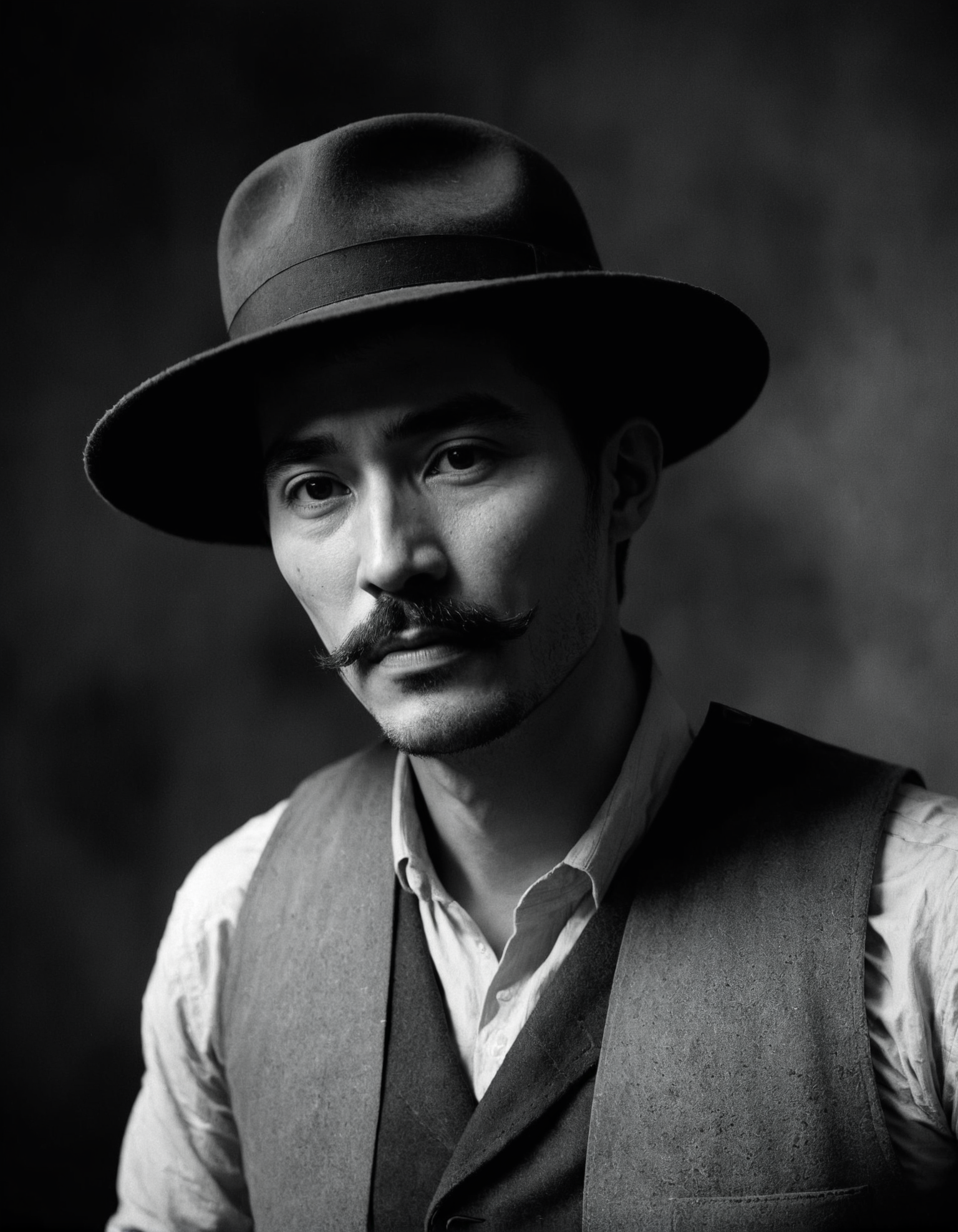 art by Bo Chen, Scrumptious stocky Meiji Era (Hyperion:1.1) , wearing [Fatigued|Painterly] Welsh Panama hat, Heartless Backpack, Unnatural Horseshoe Mustache, shallow depth of field, Suprematism, cinematic lighting, Low shutter, Technicolor, in the style of The Creation of Adam, monochrome grayscale black and white b&w cool shadows warm highlights soft focus black and white classic sound stage vintage film grain scratches patina directed cinematography movie film classic