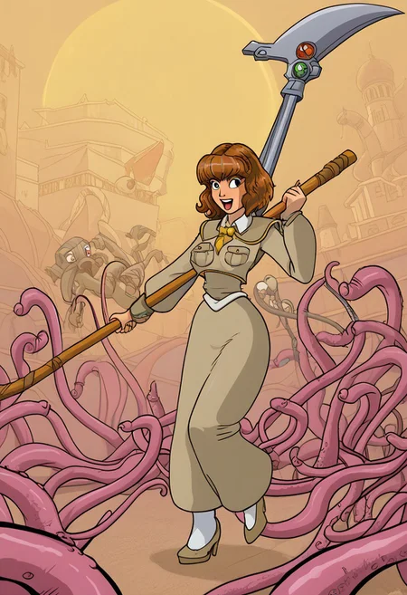 happy girl, random_combat_action_pose, scythe, perfect_face, str1pp3dbyt3nt, tentacles, assisted exposure, (4K4BUR5TYL3)