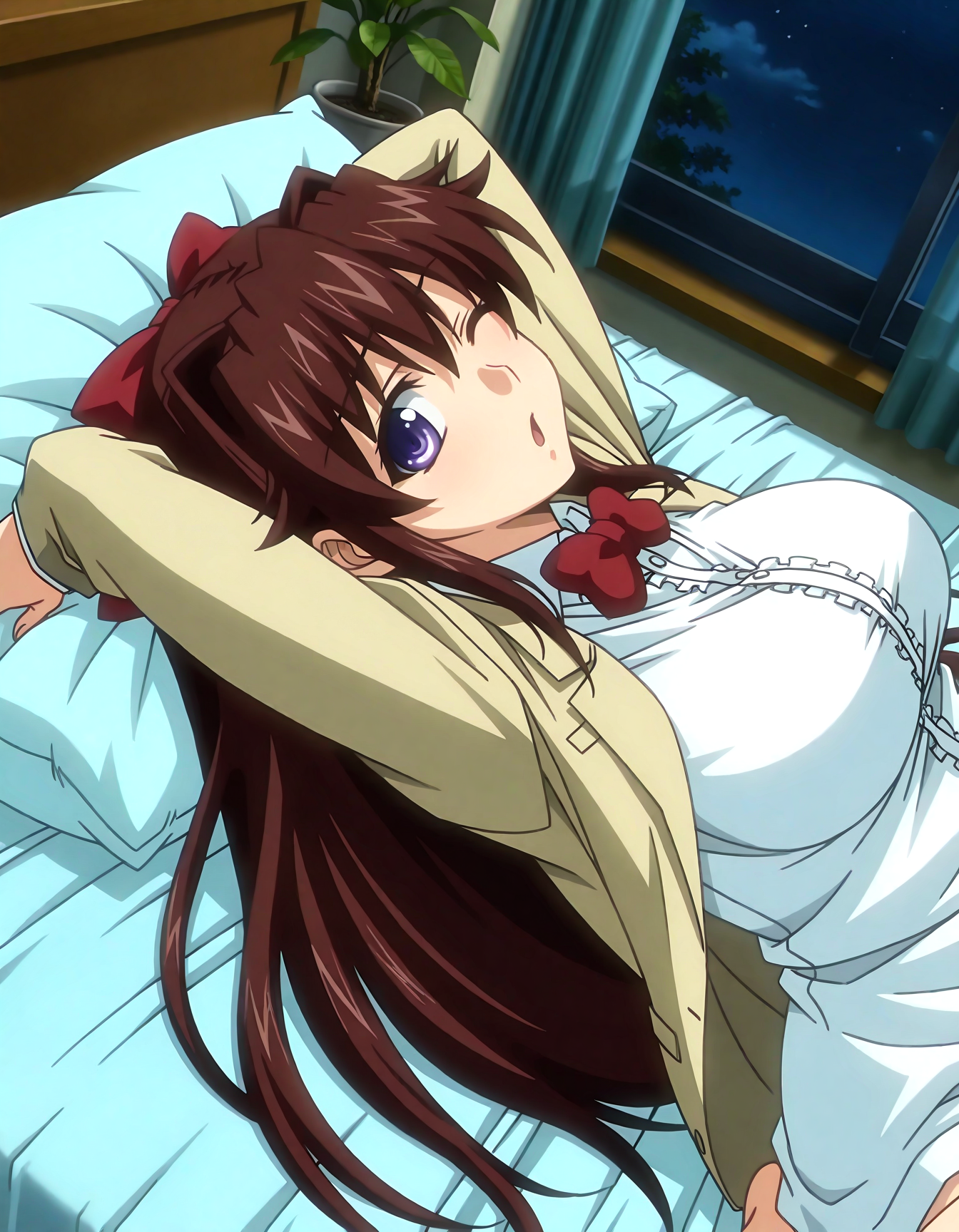 (1girl, solo:1.3), (2girls, 3girls, 4girls, multiple girls, 2boys, 3boys, 4boys, multiple boys:-1.5) <lora:Kuonji_Ningyo_Kojin_Jyugyou_-_Mippei_Suisou_Illustrious:0.9>, kuonji_ningyo, large breasts, blue eyes, brown hair, long hair, hair intakes, bangs, hair between eyes, long sidelocks, hair bow, hair ribbon, blazer, red bow, open mouth, open clothes, school uniform, shirt, purple eyes, large breasts, long sleeves (pout:0.7), one eye closed, general, contrapposto, dynamic pose, arms behind head, portrait, from side, from above, dutch angle, (close-up, face focus:1.2), indoors, infirmary, clean, (white theme:1.3), bed sheet, pillow, head on pillow, on bed, lying, on back, wide window, outdoor view, curtains, plant, potted plant, (perspective:0.7), barefoot, <lora:NOOB_EPSv1_1_detailer_by_vlnvk_v1_0:1.5>, (photo background:0.7), night, (tachibana yuu:0.6), inue shinsuke, (kazuma muramasa:0.0), saikawa yusa, (aoi manabu:0.6), abarerumidori, (suzui narumi:0.6), masterpiece, newest, absurdres, 8K, anime screenshot, anime coloring, flat color, official art, film grain, <lora:illustriousXLv01_stabilizer_v1.185c:0.7>, <lora:LECO_Solo:-4.0>,