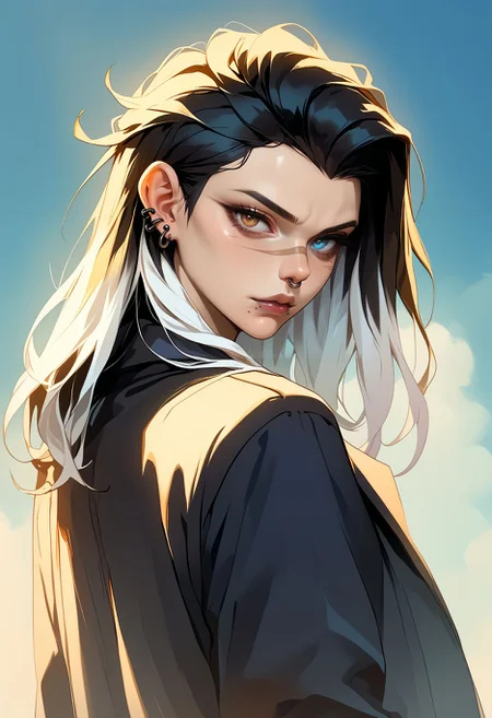 score_9,score_8_up,core_7_up, <lora:fade_valorant_pdxl:1>fadeValo, 1girl, solo, piercing, long hair, mole, jacket, black hair, looking at viewer, nose piercing, mole under mouth, lip piercing, ear piercing, looking back, black jacket, multicolored hair, brown eyes, jewelry,blue eyes, heterochromia,
