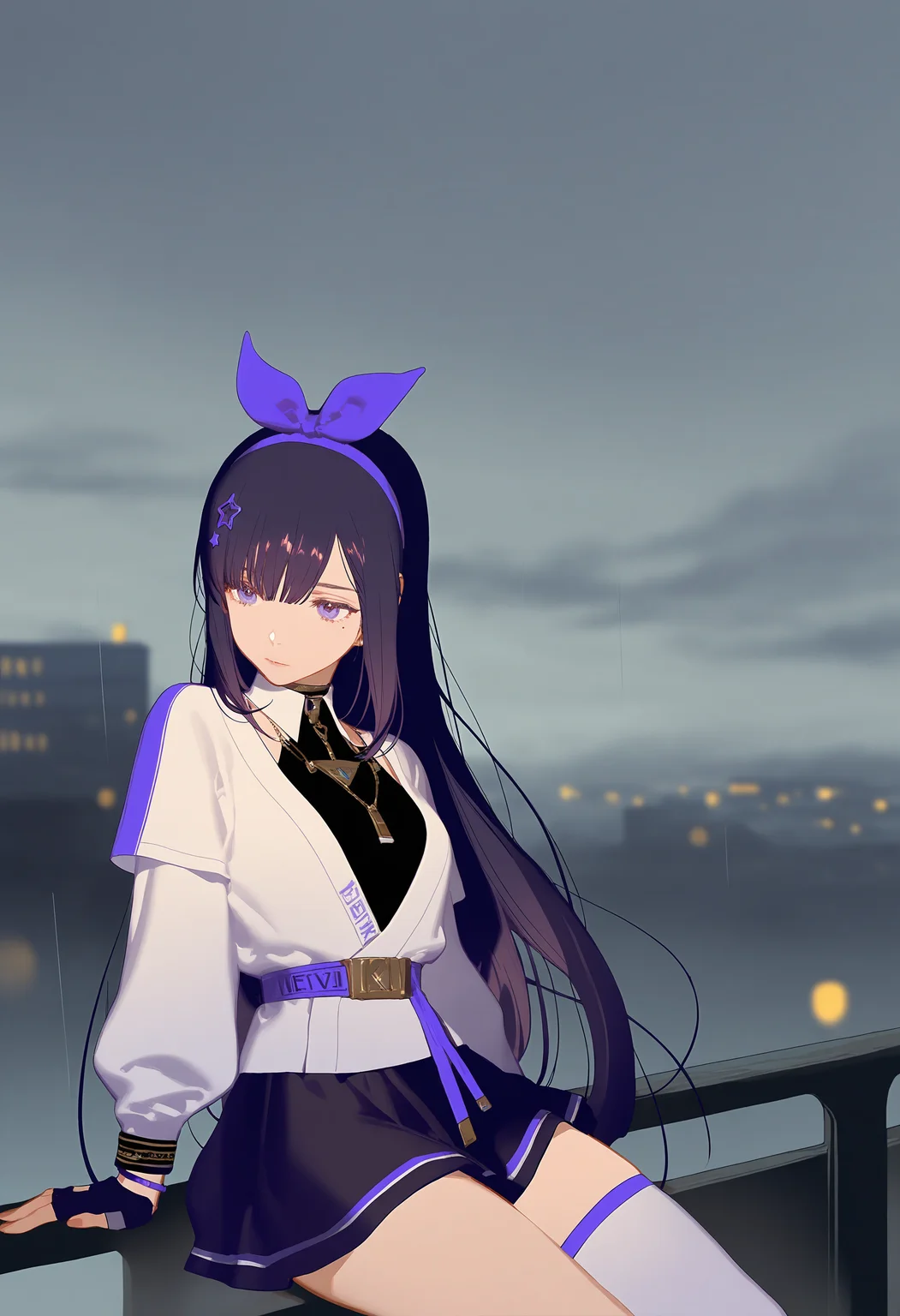 1girl,dark purple hair,sideloks,beila\(asoul\),beilatuan,white jacket,necklace,purple hair bow,hair ornament,single thighhigh,fingerless gloves,asymmetrical legwear,voluptuous,plump,star \(symnol\),black skirt,
artist:rei \(sanbonzakura\),artist:ask \(askzy\),artist:ningen mame,artist:doremi (doremi4704),
looking into distance,melancholy expression,leaning on rail,gentle rain,(cloudy sky),(soft raindrops),(windblown hair),(somber mood),(quiet atmosphere),(soft focus),(wet hair),(lonely moment),(dim lighting),(windy),(pensive gaze),(elegant pose),(soft shadows),(rainy day),(peaceful sorrow),(serene ambiance),(cloudy sky with slight fog),(focused on girl),(wind rustling clothes),(gentle breeze),(reflective mood),(natural lighting),(detailed background with high-rise buildings),best quality,lifelike,detailed environment,tranquil atmosphere,cowboy shot,sitting,
<lora:Bellatest4-000018:0.7>,