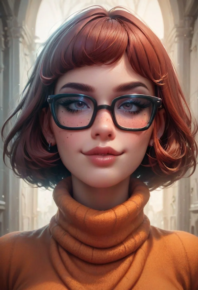 score_9, score_8_up, score_8. score_9, score_8_up, score_7_up, score_6_up, masterpiece, 4k, high quality
vivid colors, Expressive,
1girl, 25 year old beautiful Velma(from scooby doo), thick black lashes, blush, black collar, freckles, sultry look, soft smile, thick glasses, dark brown hair,
