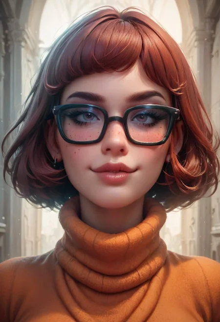 score_9, score_8_up, score_8. score_9, score_8_up, score_7_up, score_6_up, masterpiece, 4k, high quality
vivid colors, Expressive,
1girl, 25 year old beautiful Velma(from scooby doo), thick black lashes, blush, black collar, freckles, sultry look, soft smile, thick glasses, dark brown hair,