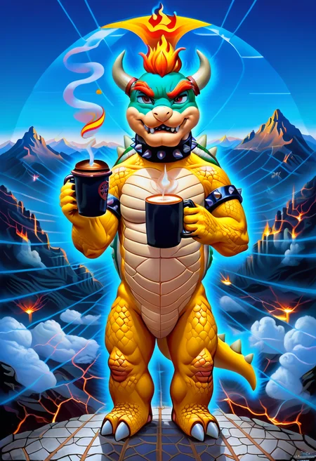 (1 perfect bowser), drinking coffee, (volcano background), ((full body view)), rating_safe, zPDXL, alexgrey , anatomical ,lattice, <lora:Alex_Grey_PonyXL:0.9>