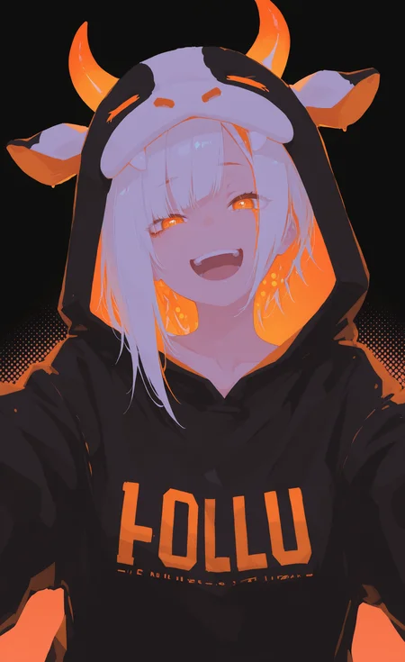 masterpiece,best quality,amazing quality, detailed eyes, Secondary Colors, orange accent, 1girl, cow-costume, asymmetrical bangs, bangs fall into eye, upper body view, dynamic angle, flying, laughing, looking at viewer, black background, halftone background, h4ra_illu, <lora:ponyv6_noobE11_2_adamW-000017:0.3> <lora:XXX667:0.5> <lora:96YOTTEA-WAI:0.5> <lora:hara_id_21:0.8>