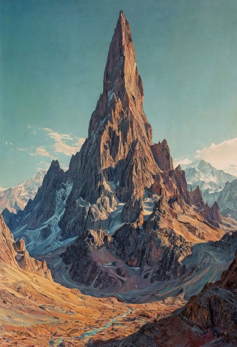 glitched wavy distortions, non-representational, colors and shapes, expression of feelings, imaginative, model,, towering mountains loom, their peaks highly detailed . extremely high-resolution details, photographic, Illustration by moebius and Pablo picasso (artist) abstract expressionism, detailed painting1930s black renaissance painting”on textured film photography style, medium grain, FRESHIDESH Moebius comic book
