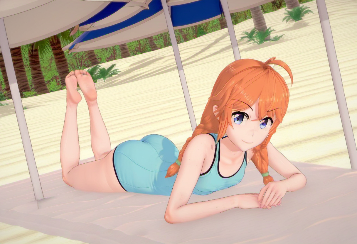 <lora:Molly_MacCormack_from_LiL_PonyXL:0.8>, swimsuit_molly, 1girl, on stomach, lying, barefoot, one-piece swimsuit, beach umbrella, outdoors, looking at viewer, beach, smile, feet, day, soles, legs up, the pose, feet up, closed mouth, toes, bare legs