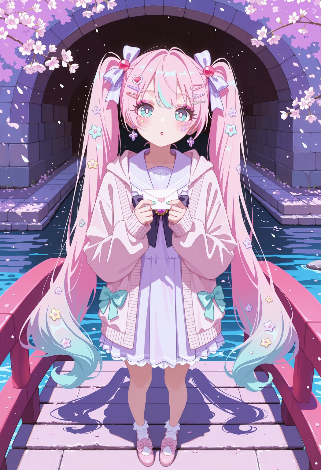 MF9f, bnl0, aGl0, (no lineart:1.2),
1girl, hatsune miku, pastel pink hair, pastel blue hair, very long hair, twintails, hair ribbon, aqua eyes, bright pupils, multicolored hair, gradient hair, two-tone hair, hair ornament, (too many hair ornaments:1.2), hairpins, masterpiece, best quality, absurdres,
(yume kawaii, decora:1.2), pastel colors, pastel pink, pastel blue, pastel purple, pastel serafuku, layered clothes, pastel pink jacket, ribbed jacket, hood down, sleeves past wrists, pastel purple blouse, bows, ribbons, earrings, gem brooch, jewelry,
lipgloss, long eyelashes, eyeshadow, blush, kawaii makeup, fingernails, nail polish, multicolored nails,
outdoors, cherry blossom trees, cherry blossoms, sunbeam, shadows, bridge, stone bridge, river, path, railing, wall, (under bridge),
solo, full body, :o, looking at viewer, hands on own chest, holding letter, love letter, sticker on face, sticker on hair,
intricate, highly detailed, majestic, shallow depth of field, movie still, circular polarizer, light particles, particles