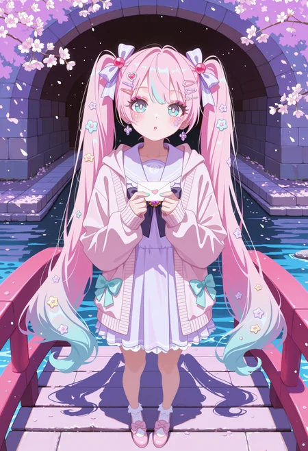 MF9f, bnl0, aGl0, (no lineart:1.2),
1girl, hatsune miku, pastel pink hair, pastel blue hair, very long hair, twintails, hair ribbon, aqua eyes, bright pupils, multicolored hair, gradient hair, two-tone hair, hair ornament, (too many hair ornaments:1.2), hairpins, masterpiece, best quality, absurdres,
(yume kawaii, decora:1.2), pastel colors, pastel pink, pastel blue, pastel purple, pastel serafuku, layered clothes, pastel pink jacket, ribbed jacket, hood down, sleeves past wrists, pastel purple blouse, bows, ribbons, earrings, gem brooch, jewelry,
lipgloss, long eyelashes, eyeshadow, blush, kawaii makeup, fingernails, nail polish, multicolored nails,
outdoors, cherry blossom trees, cherry blossoms, sunbeam, shadows, bridge, stone bridge, river, path, railing, wall, (under bridge),
solo, full body, :o, looking at viewer, hands on own chest, holding letter, love letter, sticker on face, sticker on hair,
intricate, highly detailed, majestic, shallow depth of field, movie still, circular polarizer, light particles, particles