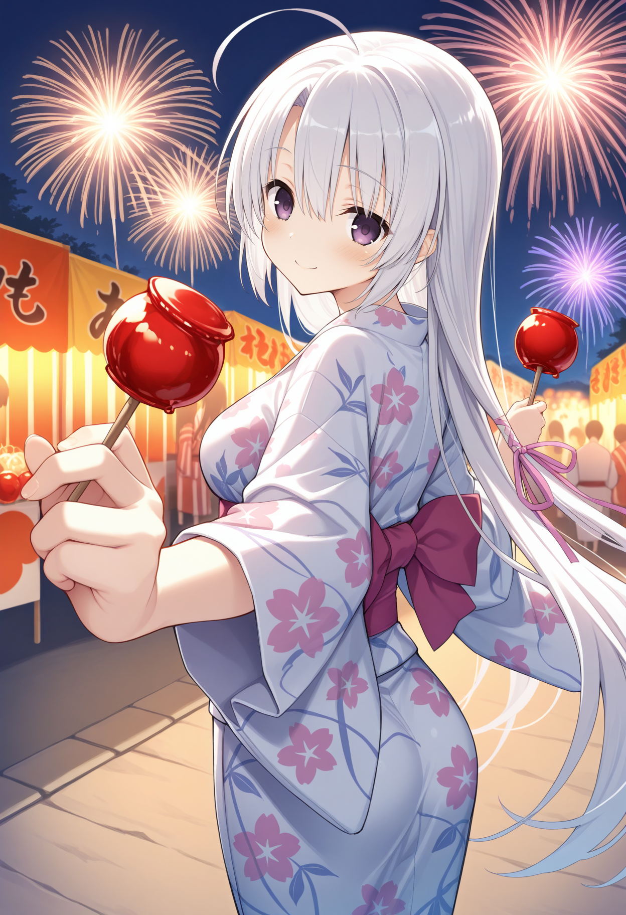 1girl, aanene, long hair, white hair, ahoge, hair ribbon, purple eyes, <lora:ayachi_nene_ilxl_v1:0.9>, night, summer festival, outdoors, yukata, floral print, smile, fireworks, holding candy, candy apple, dual wielding, reaching, solo,
masterpiece, best quality, amazing quality,