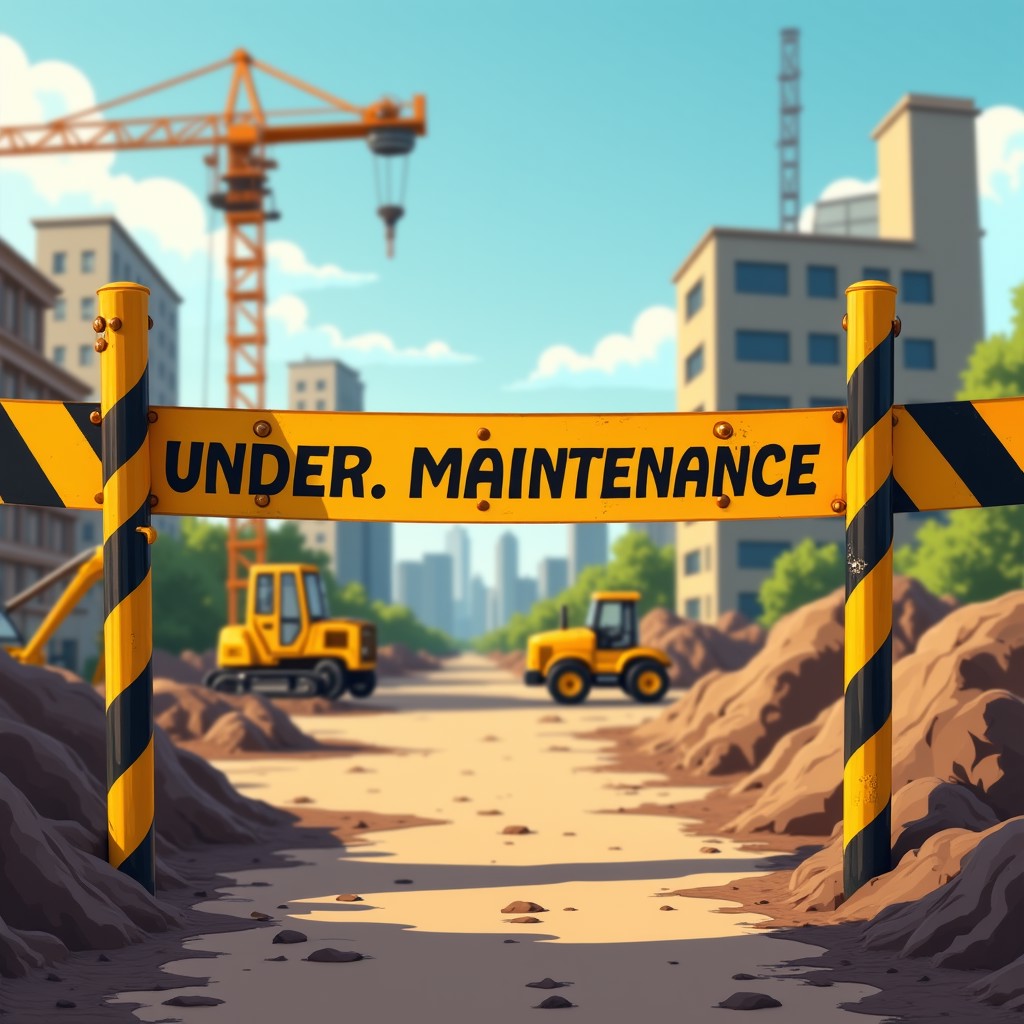 view on construction site ribbon, yellow and black stripes ribbon, poster on the ribbon with text "Under maintenance", cartoony style art,
bunch of construction working in the background, construction site building