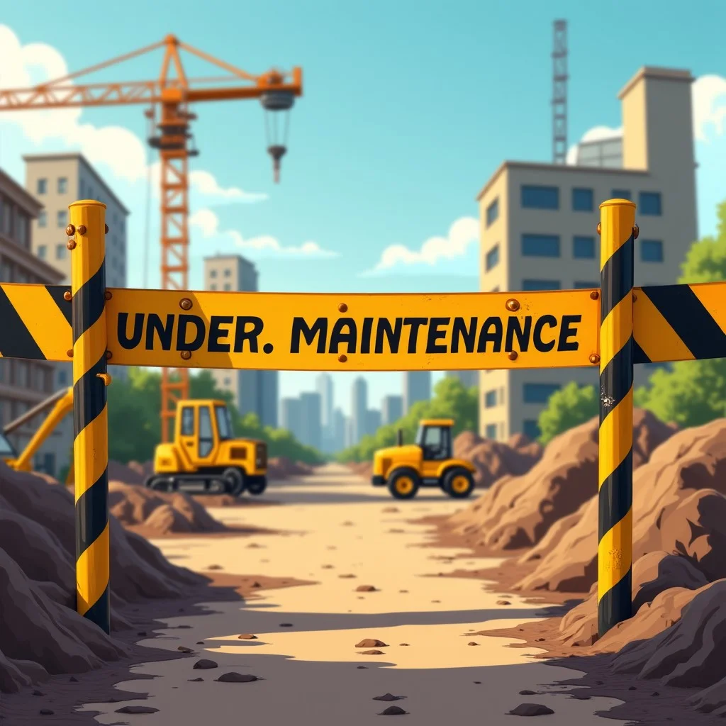 view on construction site ribbon, yellow and black stripes ribbon, poster on the ribbon with text "Under maintenance", cartoony style art,
bunch of construction working in the background, construction site building