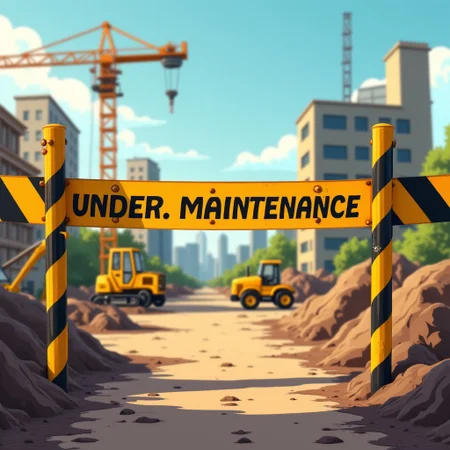 view on construction site ribbon, yellow and black stripes ribbon, poster on the ribbon with text "Under maintenance", cartoony style art,
bunch of construction working in the background, construction site building
