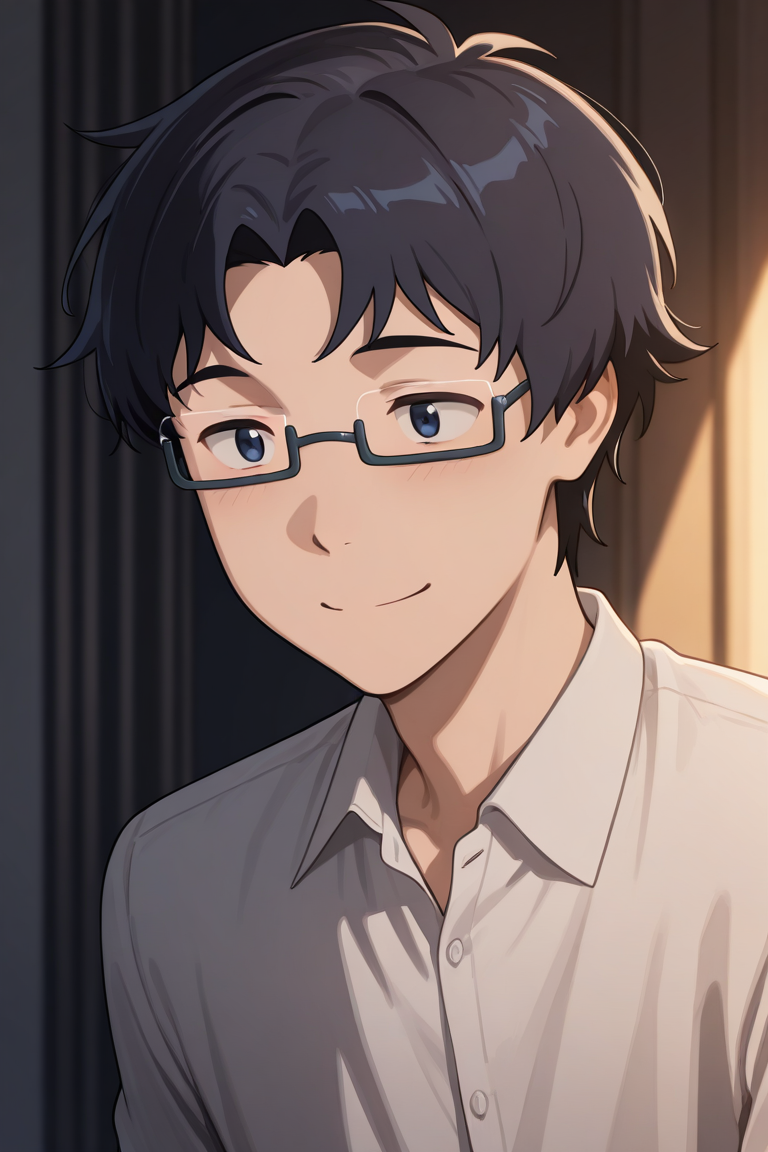 masterpiece, absurdres, newest, perfect quality, best quality, absolutely eye-catching, amazing quality, very aesthetic, high resolution, ultra-detailed, 1boy, male focus, solo, joe_kido_tri, dark blue hair, dark blue eyes, glasses, under-rim eyewear, smile, closed mouth, detailed background, volumetric lighting, vibrant colors