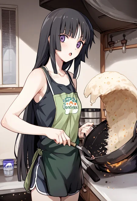 (score_9, score_8_up, score_7_up), Expressiveh, easynegative, detail1eye, good_hands, 1girl, solo, <lora:yomi-isayama-s1-ponyxl-lora-nochekaiser:1>, yomi isayama, long hair, bangs, black hair, purple eyes, blunt bangs, hime cut BREAK black tank top, dolphin shorts, green apron BREAK incrsfriedriceprankmeme. food, fried egg, frying pan, holding, kitchen, (indoors:1.3) cowboy shot, 4k, (insane quality:1.1), <lora:add-detail-xl:1>, <lora:xl_more_art-full_v1:0.5>, <lora:FriedRicePrankMeme_XLPD:1>,