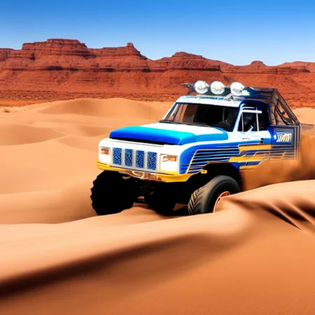 photo (truckplans:1) a large monster truck driving through a desert area <lora:djzTruckPlans_LoraBooth:1>
