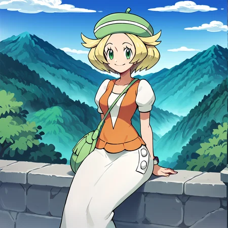 score_9, score_8_up, score_7_up, score_6_up, score_5_up, score_4_up, <lora:Bianca_Pokemon_BW1:1>, bianca \(pokemon\), 1girl, solo, breasts, wide hips, white skirt, vest, short sleeves, smile, beret, sitting, outside, green eyes, looking at viewer, shirt hair, blonde hair, trees, mountains, clouds, handbag, shoulder bag, long skirt,