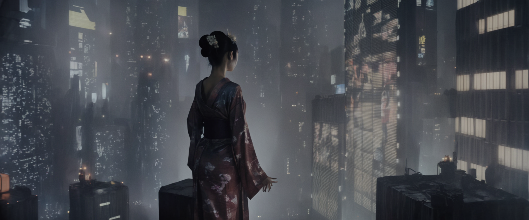 <lora:bldr-000007:0.9>bldr, a city at night with a lot of lights on the buildings with a geisha woman projected onto the side of a skyscraper, blade runner, retrofuturism