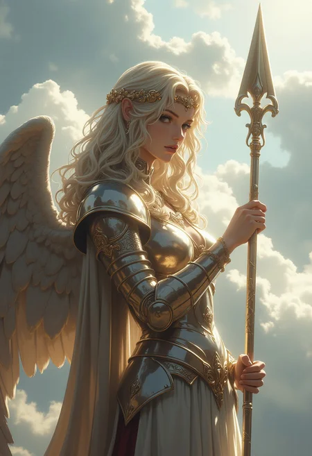 1girl, valkyrie in gorgeous armor is holding a spear in hand, (side view, solo:1.1), standing, golden laurel wreath crown, goddess, pale skin, beautiful face, armored dress, wings, looking at viewer, cloudy sky, holy light, light from clouds, fantasy theme