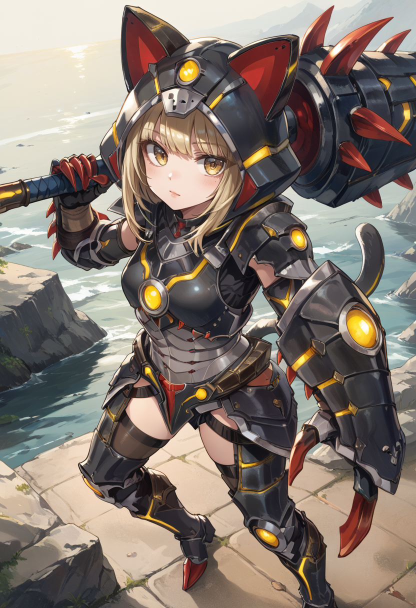 (score_9:0.9),score_8_up,score_7_up,rating_safe,anime style,(zPDXL),<lora:Almudron armor ponyXL v1:0.73>,1girl, solo, yellow eyes, blonde hair, black mechanical cat tail, looking at viewer, black cat hood, almudron armor, black claw gauntlets, black knee boots, black thigh armor, holding weapon, from above, full armor