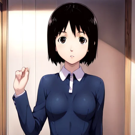 ((1girl,Nakahara_Misaki,slf, front), upper body, simple back ground, breast, open clothes) ,masterpiece, best quality, high resolution, absurdres, 1girl, nakahara_misaki, brown_eyes, black_hair, short_hair, bob_cut, small_breasts, collared_dress, blue_dress, long_sleeves,