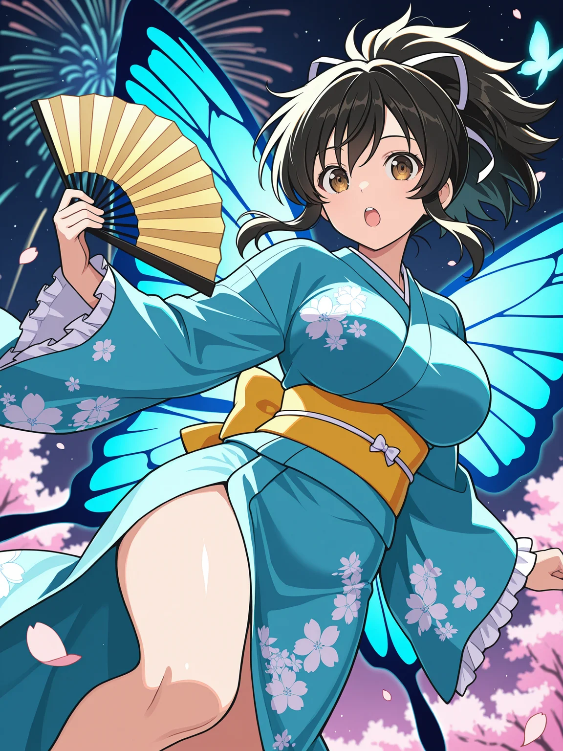 masterpiece, best quality, amazing quality, artist:[diyokama|say hana|lam]
(solo:1.4), Asuka_IL, brown eyes, black hair, ponytail, white hair ribbon, large breasts
official anime artwork, screencap, anime screencap, outdoors, looking at viewer, open mouth, dynamic pose, light particles, blue butterfly, bug, butterfly, butterfly wings, cherry blossoms, fireworks, folding fan, glowing butterfly, hand fan, magic circle, blue kimono, long sleeves, wide sleeves, sash, ribbon, floral print, frills
<lora:SK_Asuka_IL:0.8>