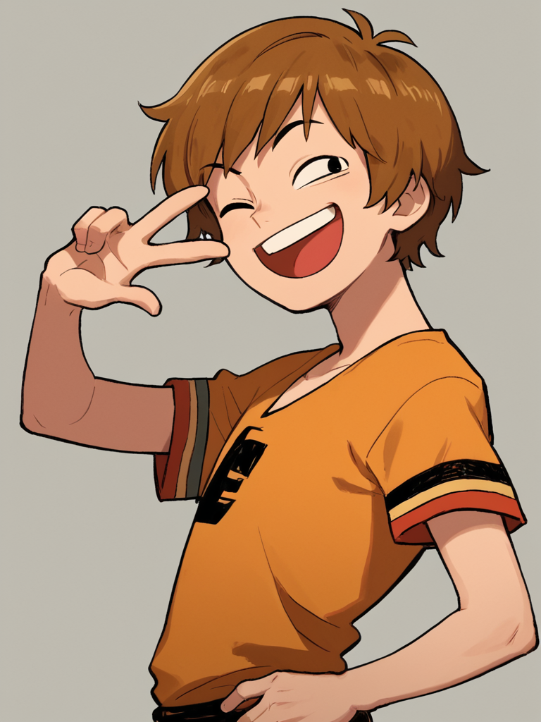 score 7 up,score 6 up,<lora:Ace_ambling_r1:0.8> ace, 1boy,short hair,brown hair, wink,solo,one eye closed,from side,parody