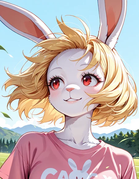 masterpiece, best quality, very aesthetic, absurdres,
outdoors,
upper body, looking to the side, wind, windy,
smile, parted lips, long eyelashes,
pink t-shirt,
<lora:Carrot_v01_NAIXL:1>
Ca3307,1girl,solo,furry,furry female,rabbit girl,short hair,blonde hair,rabbit ears,red eyes,animal nose,body fur,white fur,