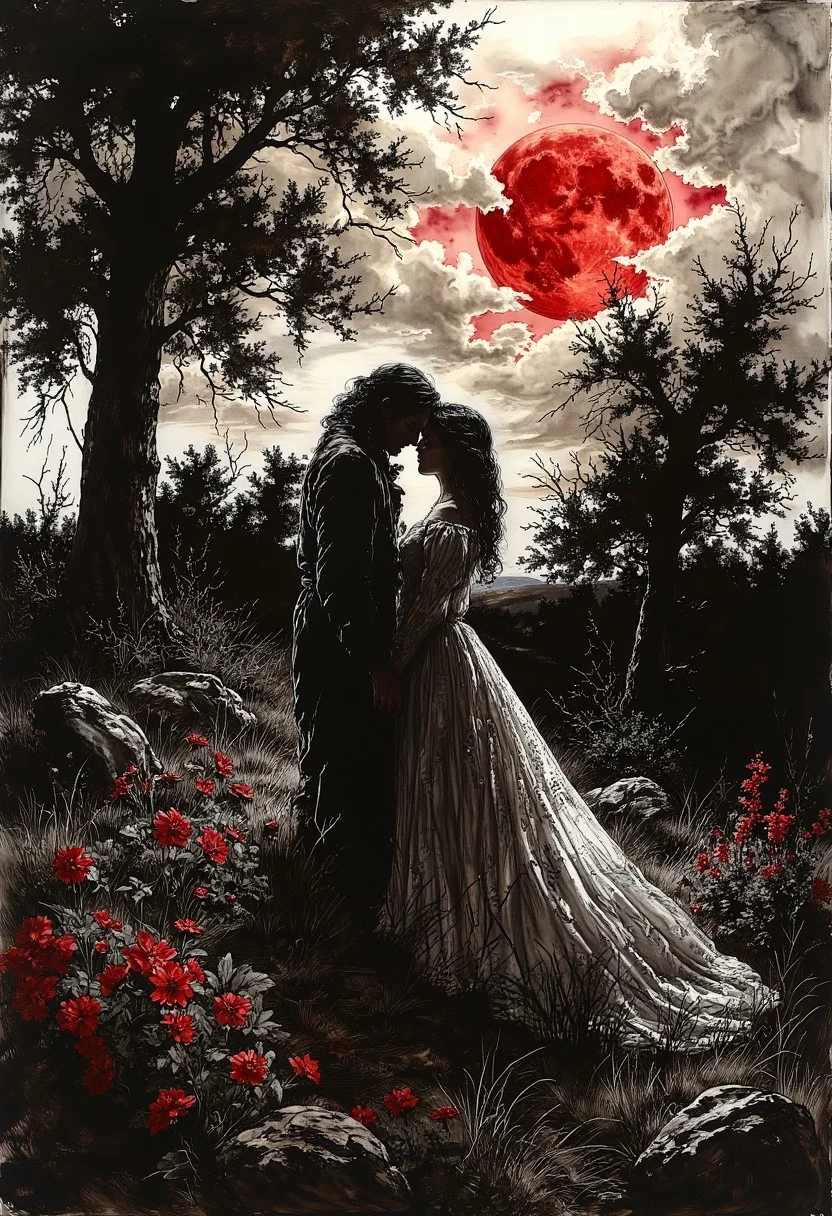 a man and a woman standing lovinglybin a flowery field of grass. Old leaf filled trees stand in de background. A red rising moon shines high in the sky. there is a white heart in the middle of the moon. Light clouds cover part of the sky. There is a slight bit of rain and a rainbow